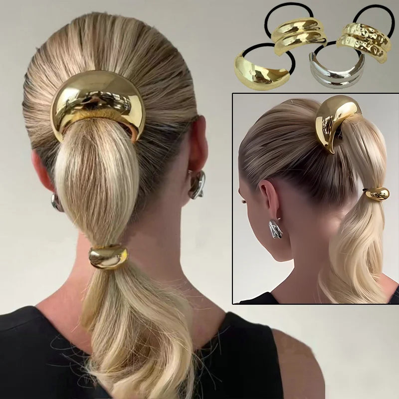 Elastico capelli donna con doppio strato e dettaglio metallico irregolare stile coreano